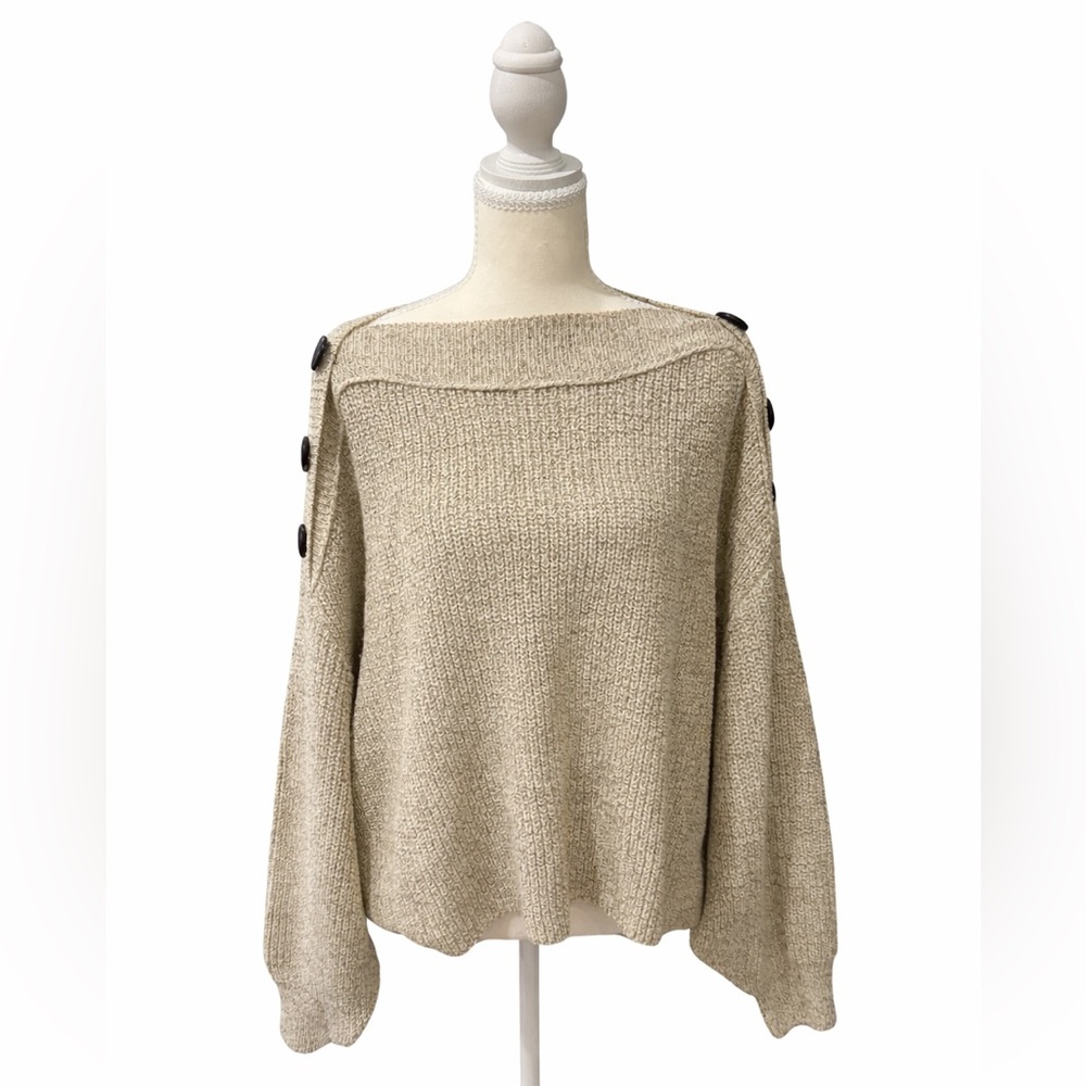 C’isa M Beige Knit Sweater Boat Neck Button Shoulder Cozy Oversized
